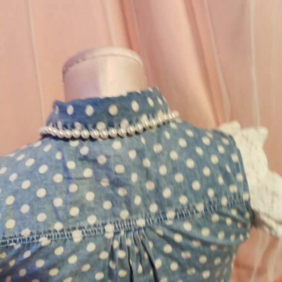 Ank Rouge Size Women's Small Denim Blouse Top Pearl Polka Dot Boho Japan Import - Picture 7 of 16